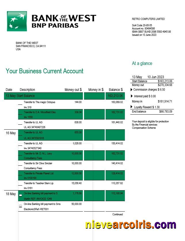 Bank of the West company checking account statement